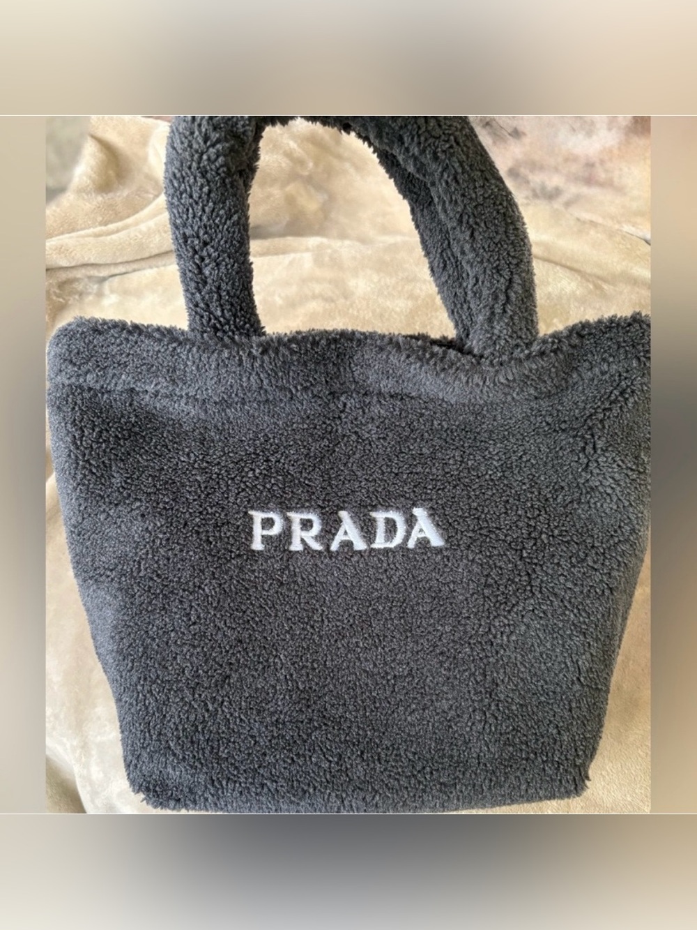 Beautiful Prada Gray Plush Bag with White Embroidered Logo, NEW!